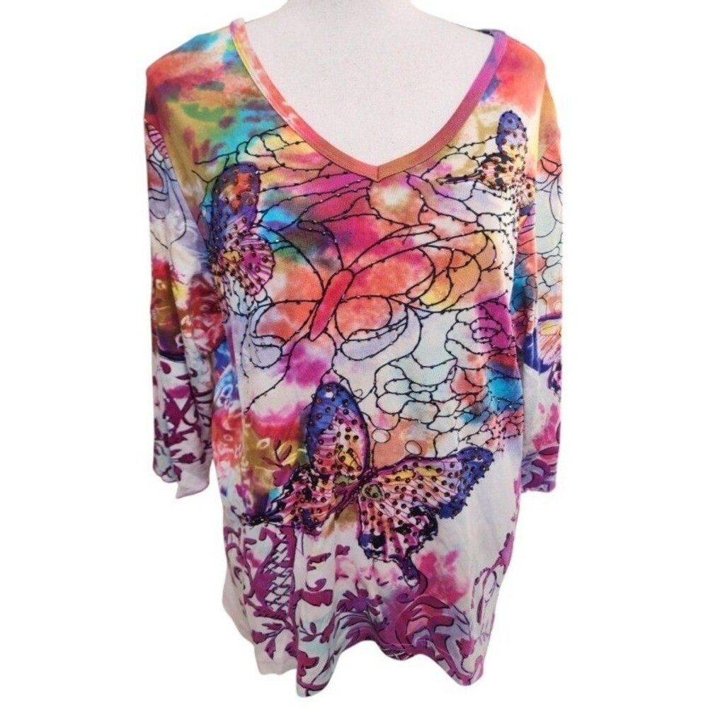 PHOOL Vintage Beaded Top Size XL Colorful Hippie Boho Artsy Butterfly Watercolor